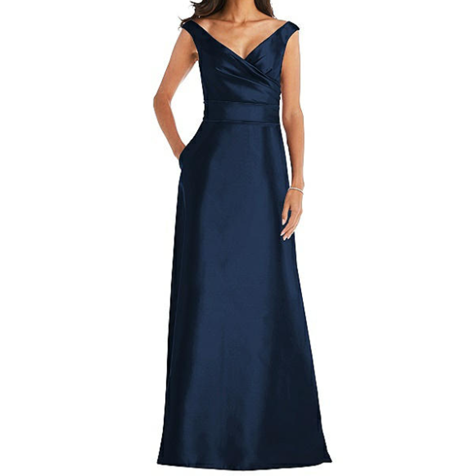 Alfred Sung Midnight Blue Off Shoulder Satin Twill Maxi Dress Draped Bodice 8r
